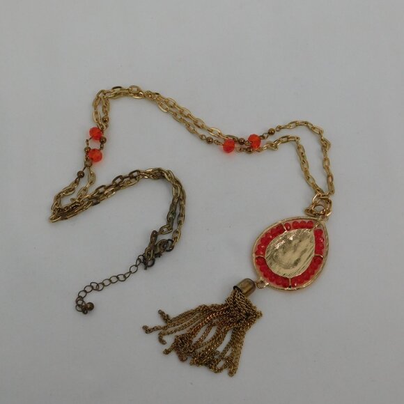 Orange Beaded Teadrop Necklace w/Tassle Rhinestones Gold Tone Adjustable Long - Picture 4 of 6